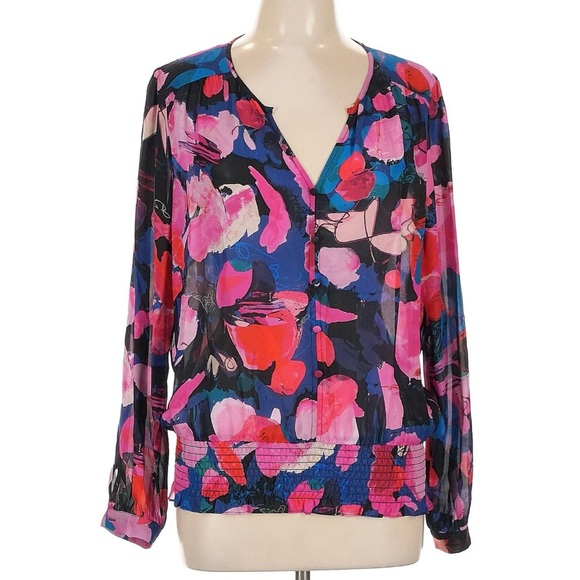 Parker Tops - Parker Silk Blend Blouse L Abstract Floral Print Boho Top Button Front large